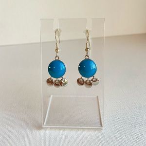 Lia Sophia pierced earrings shiny silvertone with blue enamel dangling disks